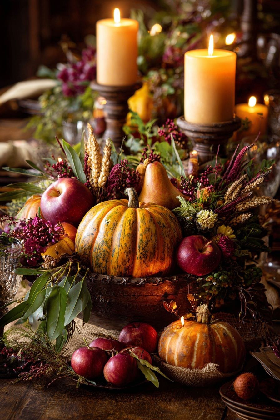 Mesa decorada de otoño con calabazas, manzanas y velas
